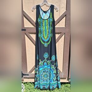 AB Studio Black Maxi Dress with Blue & Green Accent Print